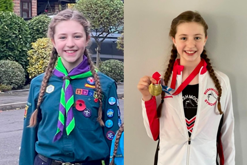 Cerys in her Scout uniform (left) and wearing her gold medal earned for Artistic Swimming (right).