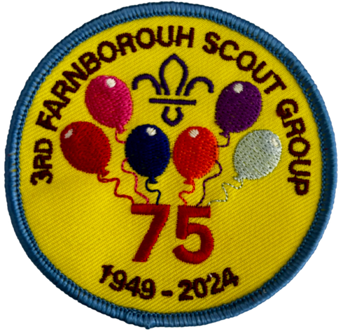 A circular yellow badge reading '3rd Fanborough Scout Group 75 1949-2024.' with images of balloons. 