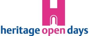 heritage open days with a castle gateway looking like a large 'H' letter in pink.